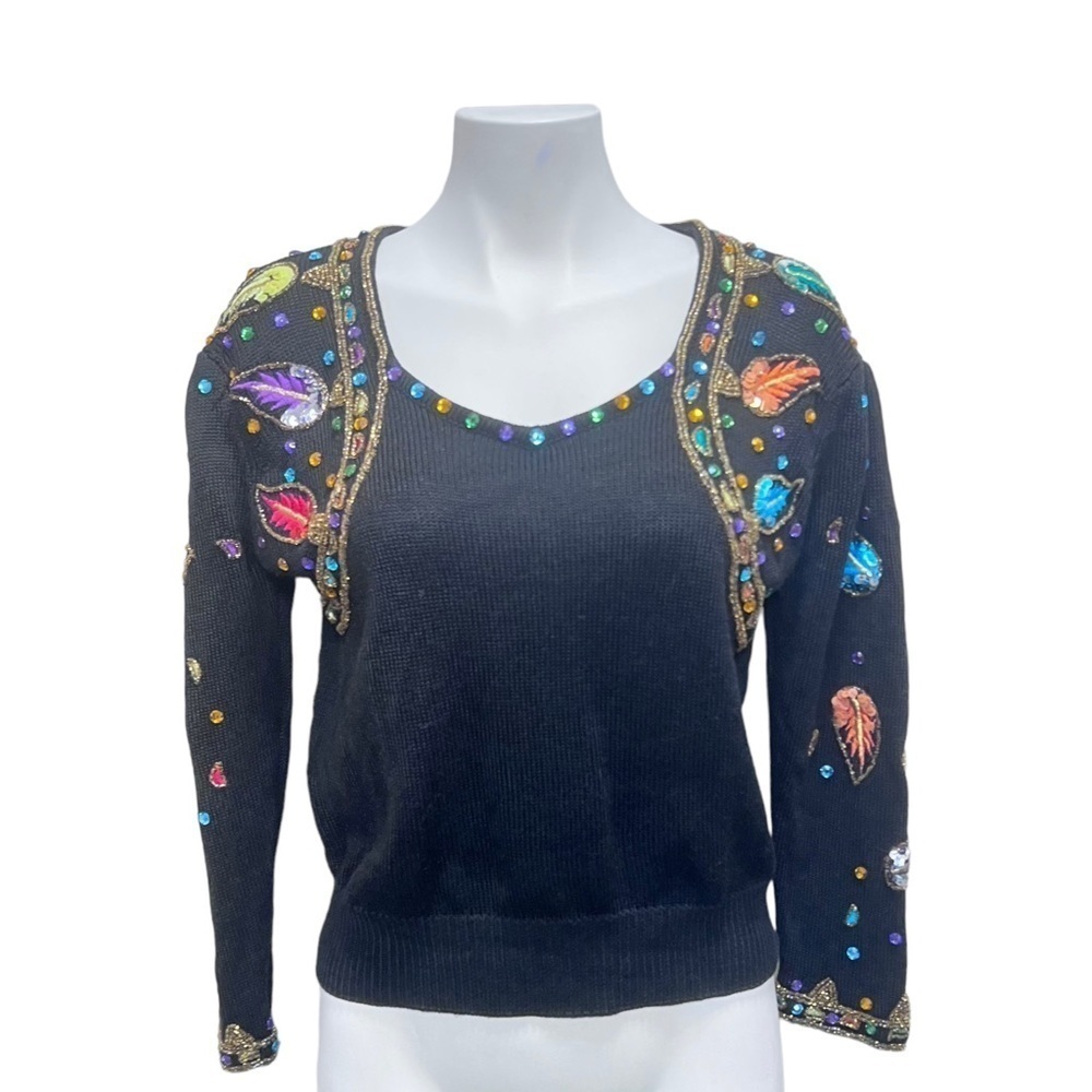 Vintage Black Beaded Scoop Neck Long Sleeve Knit